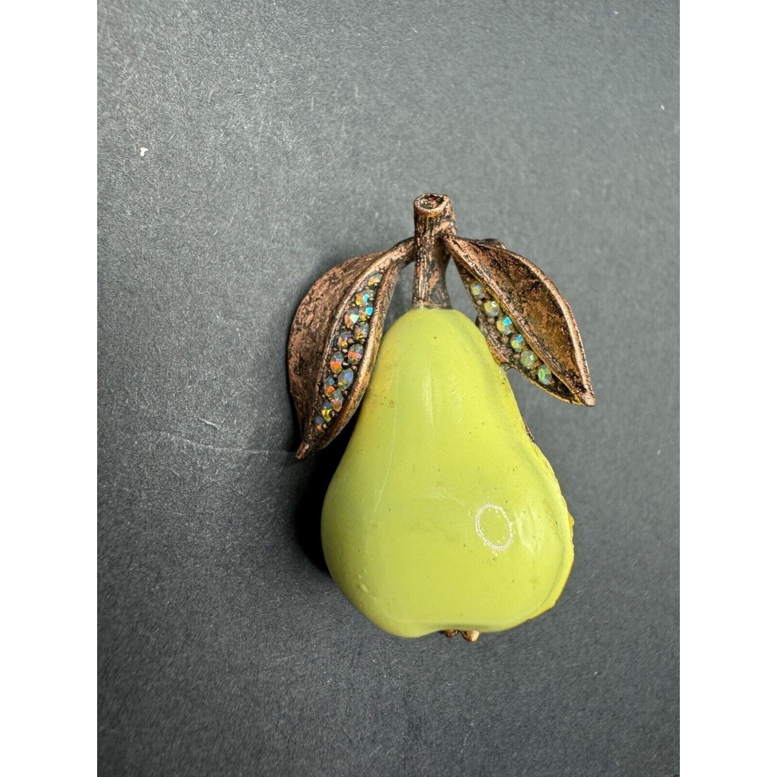 Vintage Signed Lee Angel Green Pear Fruit Enamel W/ Rhinestone Brooch Pin